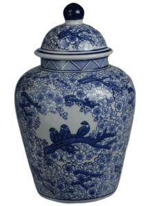 Blue and White Porcelain Floral Temple Ginger Jar Vase, China Qing Style Blue Bird